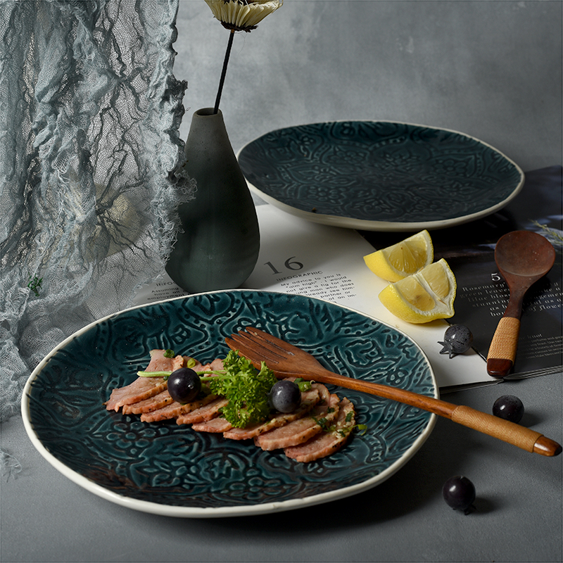 ins blue reliefs ceramic dishes home cutlery Western dining tray breakfast tray cake tray small saucer plate imperfections