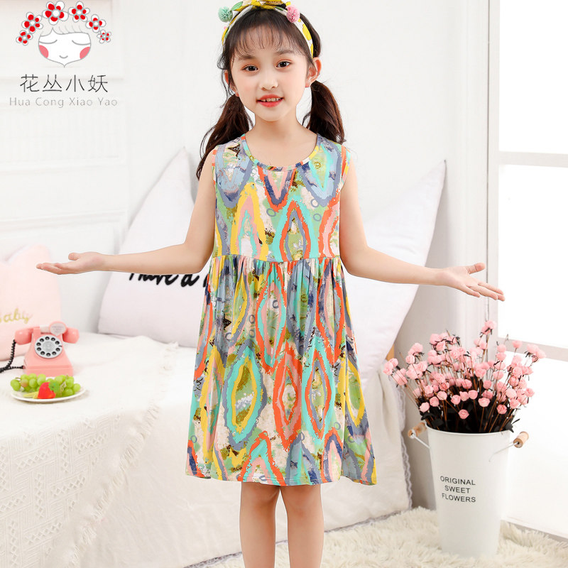 Summer large and small children girl's thin cotton silk pyjamas cotton silk sleeveless vest foreign dress cute princess home dress