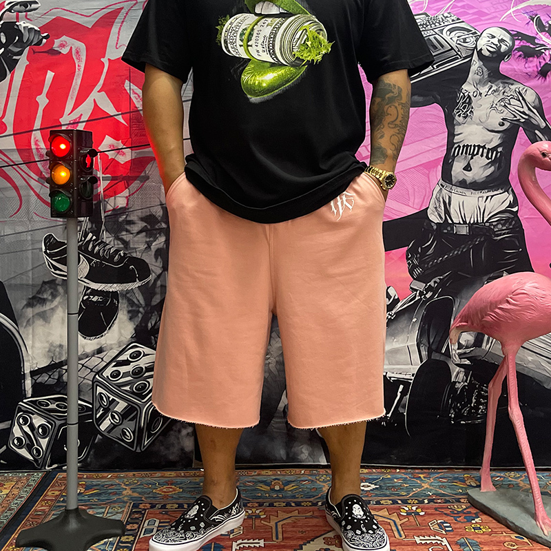 Nuclear Explosion Pink West Coast Chicano All-Cotton Thin Loose Wide-Leg Elastic Waist Knitted Casual Capri Shorts Nuclear Explosion Pink West Coast Chicano All-Cotton Thin Loose Wide-Leg Elastic Waist Knitted Casual Capri Shorts