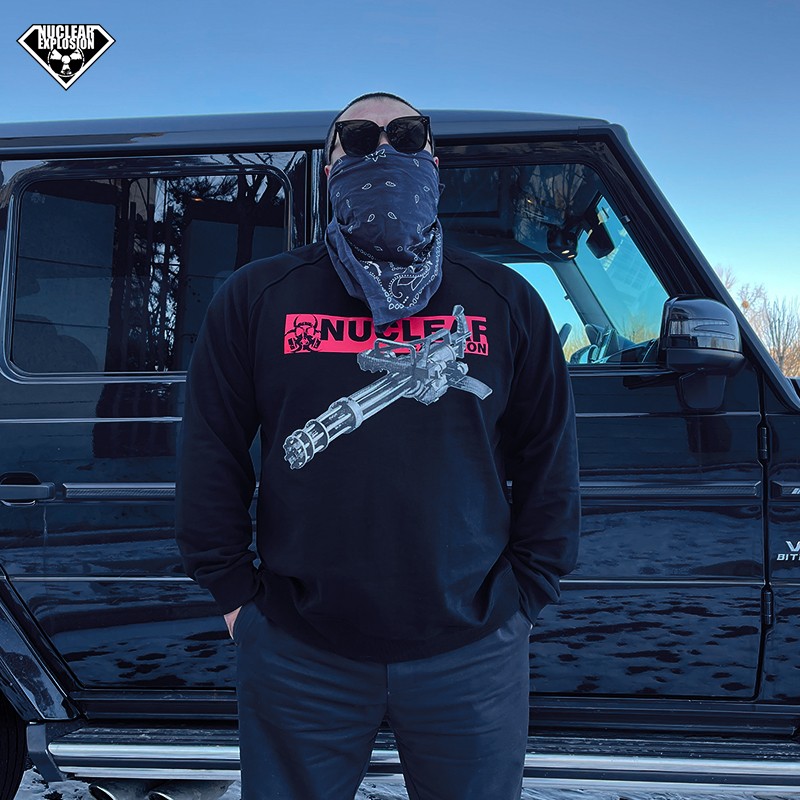 Nuclear explosion tide brand Gatling bullet print drill body casual large size raglan American black men's long-sleeved thick cotton T