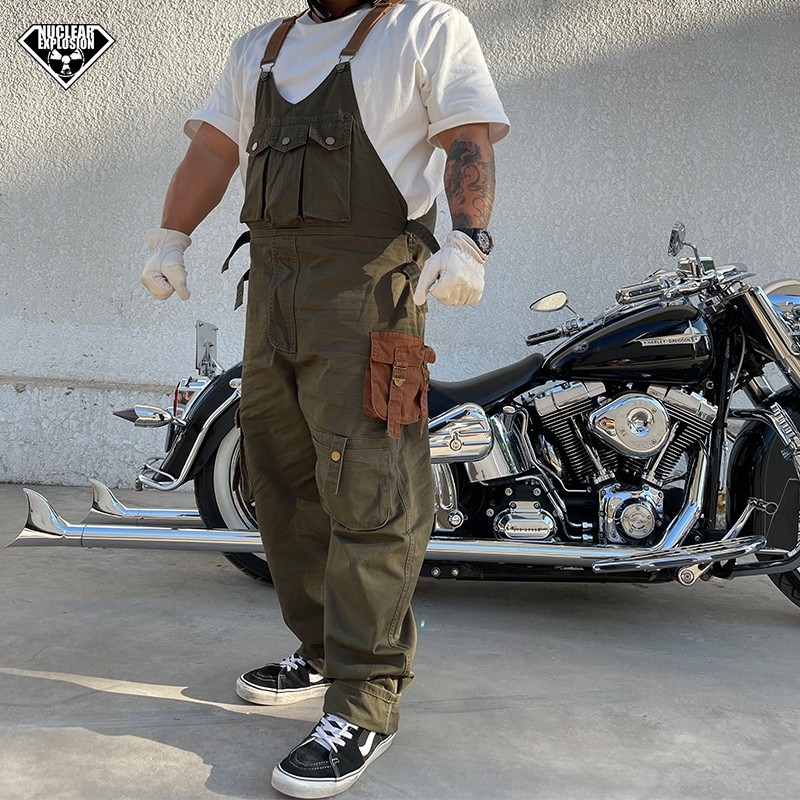 核爆発のトレンドメンズバイクウェア、アミカーキレトロキャンバスマルチポケットルーズラージサイズジャンプスーツオーバーオール