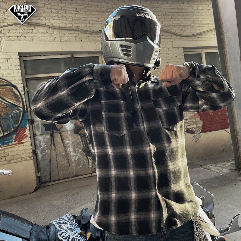 Nuclear explosion American West Coast style motorcycle large size cotton washed shirt Chicano black and white plaid shirt men