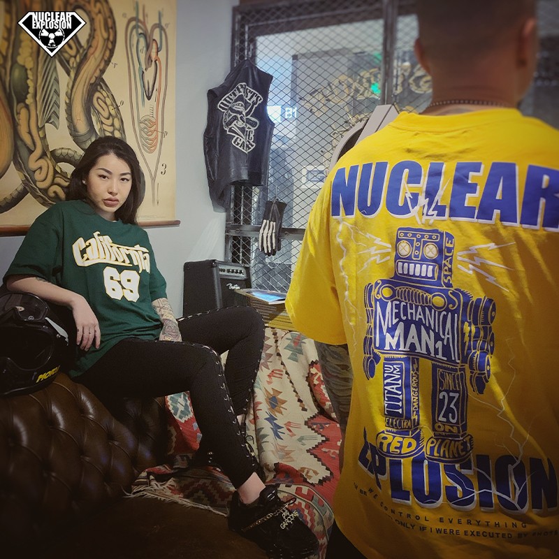 NE Nuclear Explosion Boomer robot oversize hip hop oversize Loose Pure Cotton Falling shoulder short sleeve male and female T-shirt