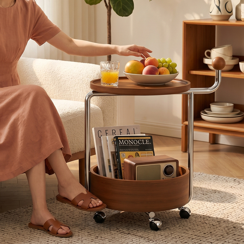 A Movable Tea Table Side Table with a Vintage Style Snack Rack and Storage Shelf, a High-Aesthetic Double-Layer Storage Cart for the Living Room
