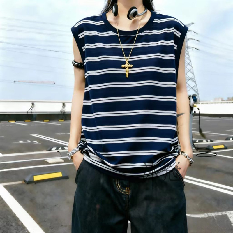 Artificial Cotton Striped Round Neck Wide Shoulder Strap Vest for Men and Women, Retro Sleeveless Vest, Casual Cotton Silk T-Shirt