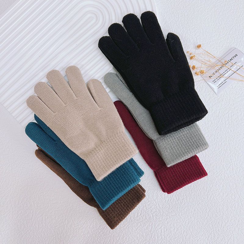 Solid Color Knitted Gloves for Men and Women, Autumn and Winter Warm Fleece-Lined Elastic Wool Finger-Separated Gloves for Students, Cycling, and Cold Protection