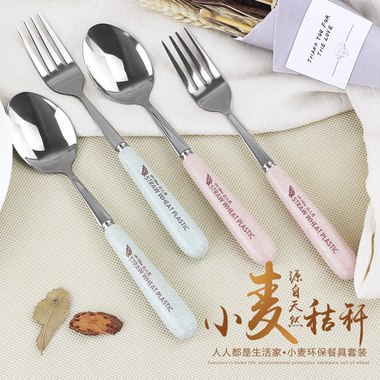 Creative Korean version of student adult wheat straw household stainless steel spoon fork tableware cute simple set
