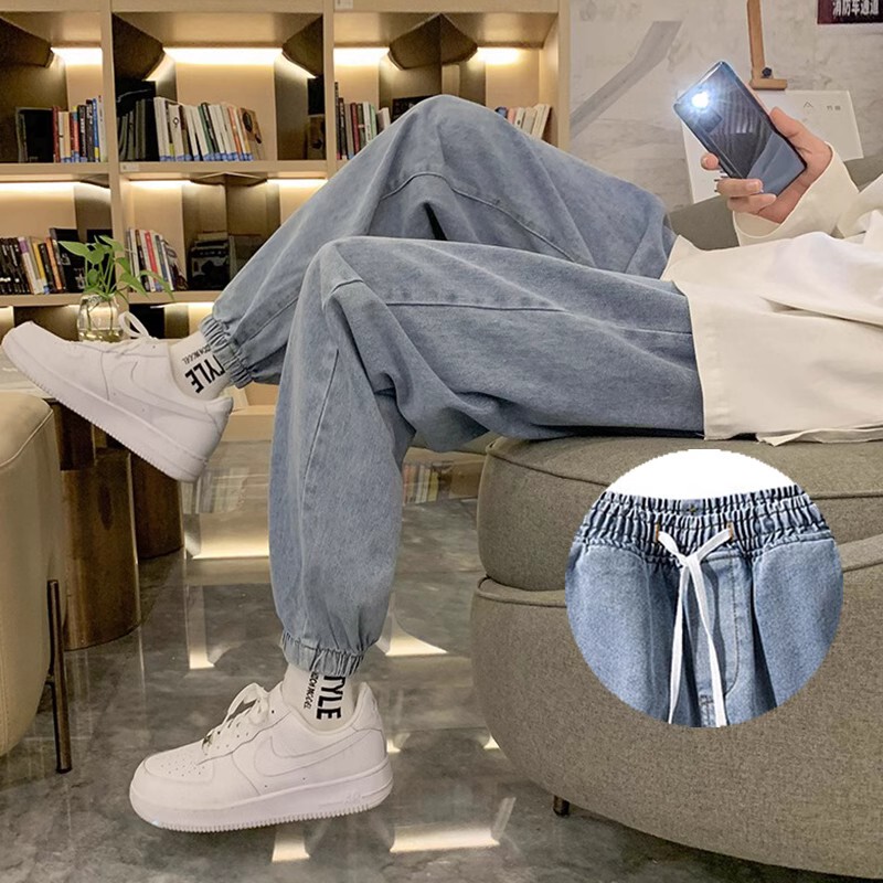 Light-Colored Vintage Elastic Waist Jeans for Women 2025 Straight-Leg Loose Slimming Versatile Cropped Jogger Harem Pants