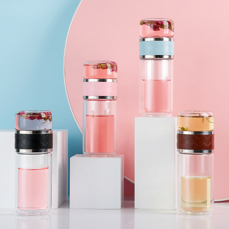 Tea Water Separation Bubble Tea Cup With Filter Tea Cup Woman Double Cup Portable Water Cup Flower Tea Cute Mesh Red Glass Cup