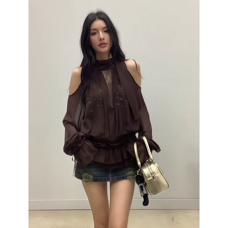 Designed with Rhinestone Embellishments, Elegant Mesh Long-Sleeve Chiffon Blouse for Women, 2026 Spring, Loose Fit, Slimming, Stylish Ribbon Top Designed with Rhinestone Embellishments, Elegant Mesh Long-Sleeve Chiffon Blouse for Women, 2026 Spring, Loose Fit, Slimming, Stylish Ribbon Top