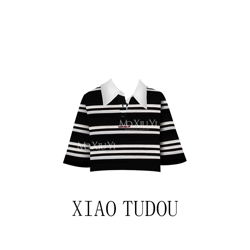 American-Style Spicy Girl Black Striped Lapel Short-Sleeve T-Shirt for Women, Summer Design, Loose and Versatile, Short Crop Top American-Style Spicy Girl Black Striped Lapel Short-Sleeve T-Shirt for Women, Summer Design, Loose and Versatile, Short Crop Top