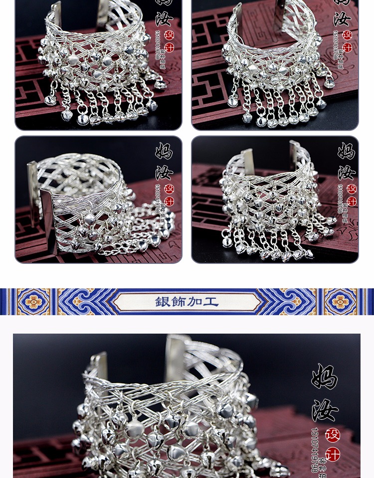 Miao bạc retro vòng tay handmade nhảy chuông reo chân chuông 43 giai đoạn phải sử dụng vòng đá mắt hổ