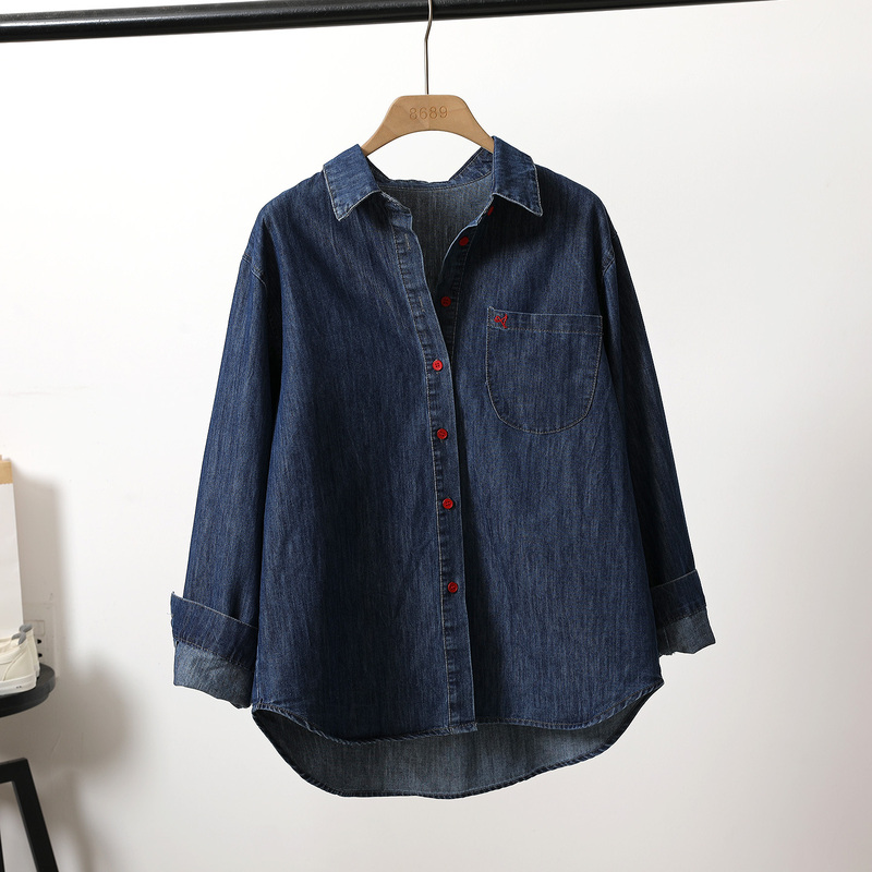 2026 Autumn New Korean Style Retro Dark Blue Denim Shirt for Women, Long Sleeve, Loose, Casual, Versatile, Red Button Shirt 2026 Autumn New Korean Style Retro Dark Blue Denim Shirt for Women, Long Sleeve, Loose, Casual, Versatile, Red Button Shirt