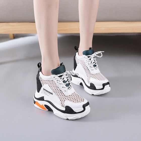 Inner height-increasing women's shoes, super high heels, Earthshaking King 2024 Spring and Summer Korean version, versatile thick-soled platform sports mesh shoes