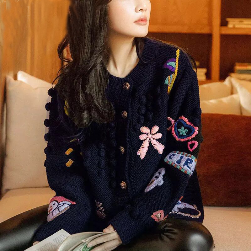 Celebrity-Inspired Cartoon Handmade Crochet Embroidered Wool Cardigan for Women, 2024 Early Spring New Embroidered Coat