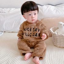Childrens pajamas Autumn and winter coral velvet thickened baby baby boy boy child girl flannel home suit set
