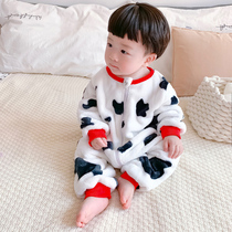 Childrens one-piece pajamas autumn and winter coral velvet thickened boys and girls baby baby anti-kick sleeping bag flannel warm