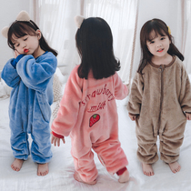 Girl Conjoined Pyjamas Winter 2 Double Layer 3 Flannel Thickened 1-year-old baby boy anti-kick sleeping bag Coral Fleece