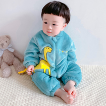 Childrens one-piece pajamas Autumn and winter flannel plus velvet thickened baby girl baby boy boy coral velvet sleeping bag