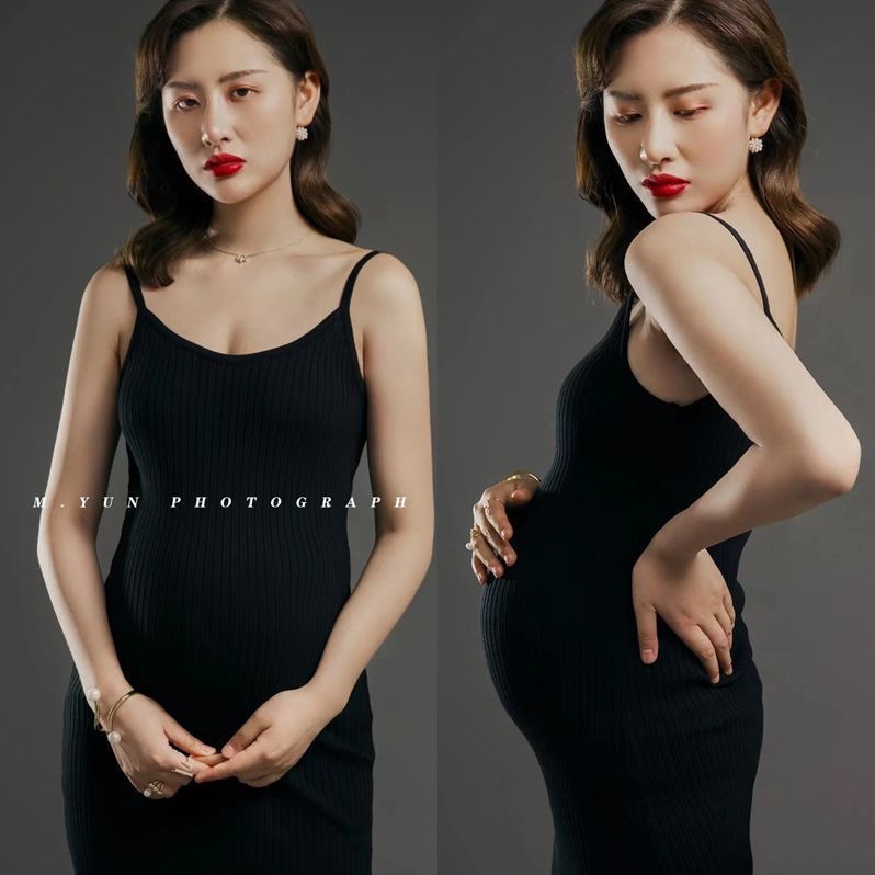 New Style Maternity Photo Studio Photography Black Stretch Knit Slit Slip Dress Maternity Photo Outfit