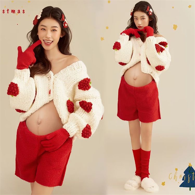 New Movie House Pregnant Woman Photo Clothing Christmas Themed New Year Red Sweater Photography Pregnant Woman Photos at Home Photo-Taobao