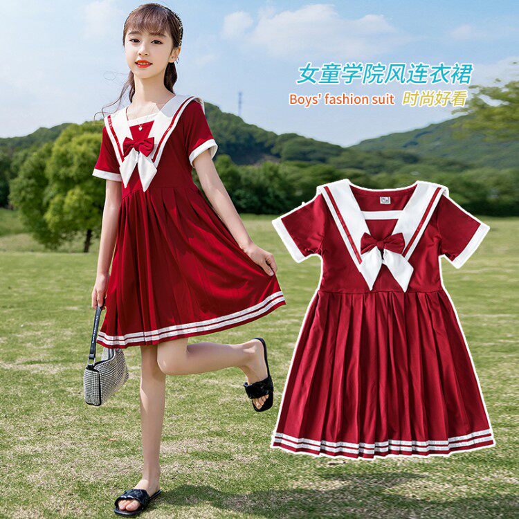 Girls summer dress red college style five six seven eighty year old girl summer princess dress net celebrity fried street