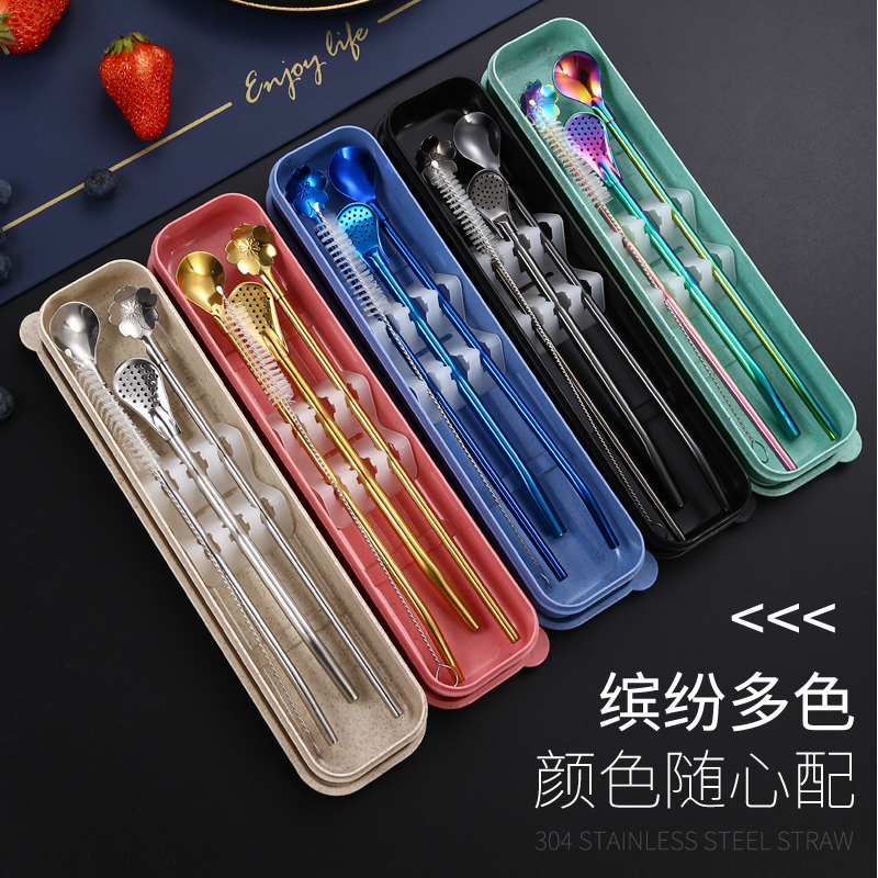ポータブル304ステンレススチールストロースプーン一体型デュアルユースロングストローウォーターカップジュースミルクティーチェリーフィルターストロー