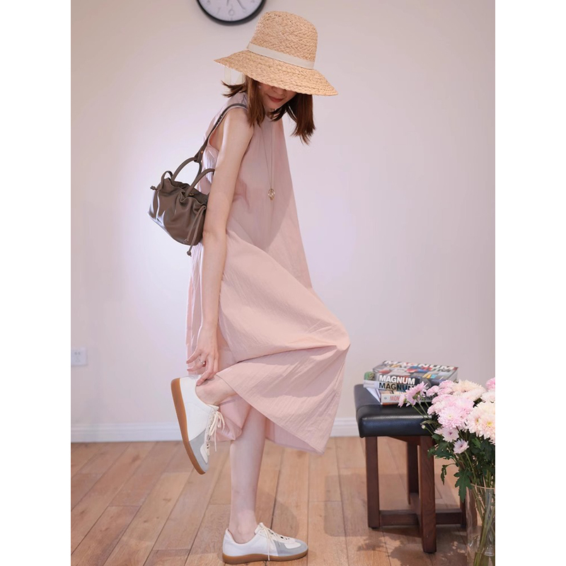 Gentle Style, Simple Sleeveless Dress, Women's Summer High-End Elegant, Lotus Pink, Sweet and Beautiful Vest Long Dress