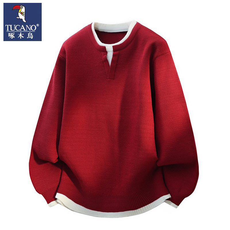 Woodpecker Zodiac Year Red Sweater for Men, Autumn and Winter New Year Fake Two-Piece Knitted Base Shirt, Lazy Style Knitwear Woodpecker Zodiac Year Red Sweater for Men, Autumn and Winter New Year Fake Two-Piece Knitted Base Shirt, Lazy Style Knitwear