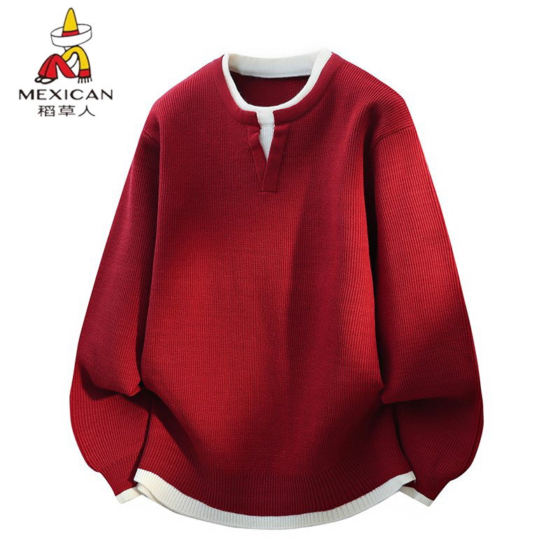 Red Sweater for Men in Their Zodiac Year, Autumn and Winter, New Year's Holiday, Two-Piece Knit Base Shirt, Lazy Style Knitwear