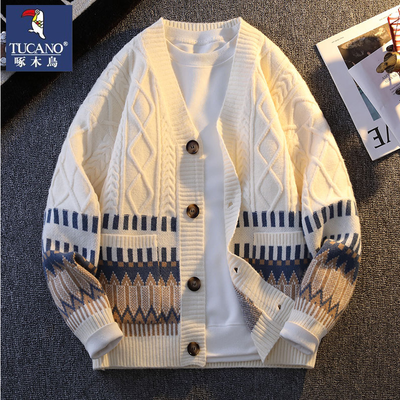 Woodpecker Knit Cardigan for Men, Ethnic Style Color-Blocking Cable Knit Sweater, American-Style Casual Loose Couple's Men's Jacket Woodpecker Knit Cardigan for Men, Ethnic Style Color-Blocking Cable Knit Sweater, American-Style Casual Loose Couple's Men's Jacket