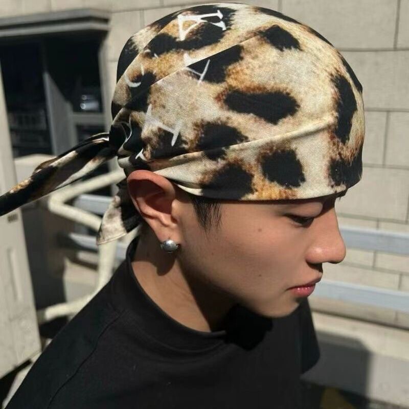 Leopard Print Double-Sided Letter Cotton Headscarf Square Scarf Hip-Hop Rap European and American Style Headwear