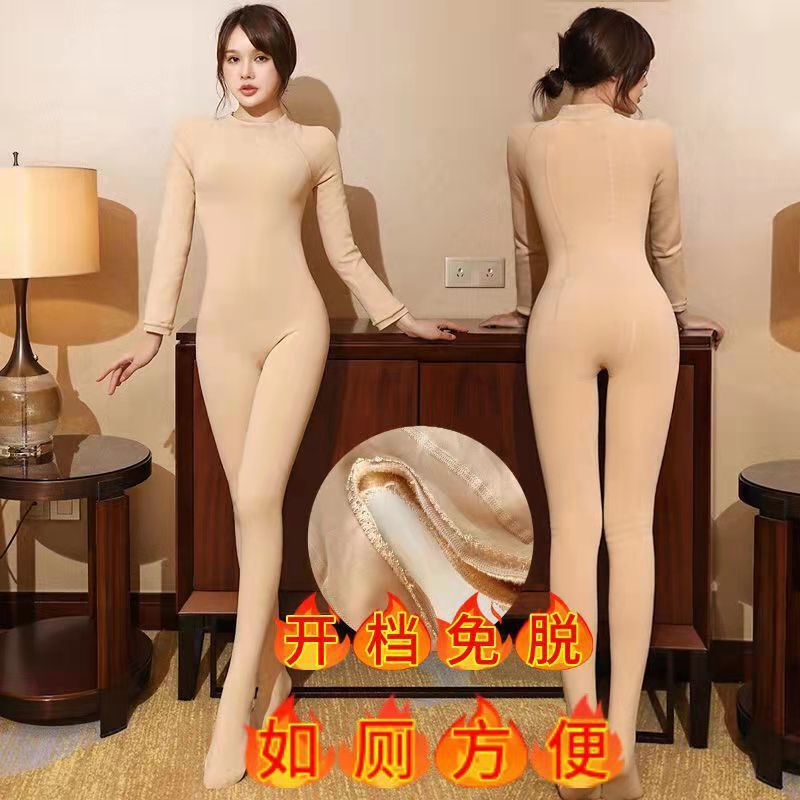 Autumn and Winter Women's Skin-Colored Bodysuit, Adult Full-Body Clothing, Fleece-Lined, Thickened, Warm, Body-Shaping, Slimming, Tight-Fitting Clothing with Stockings