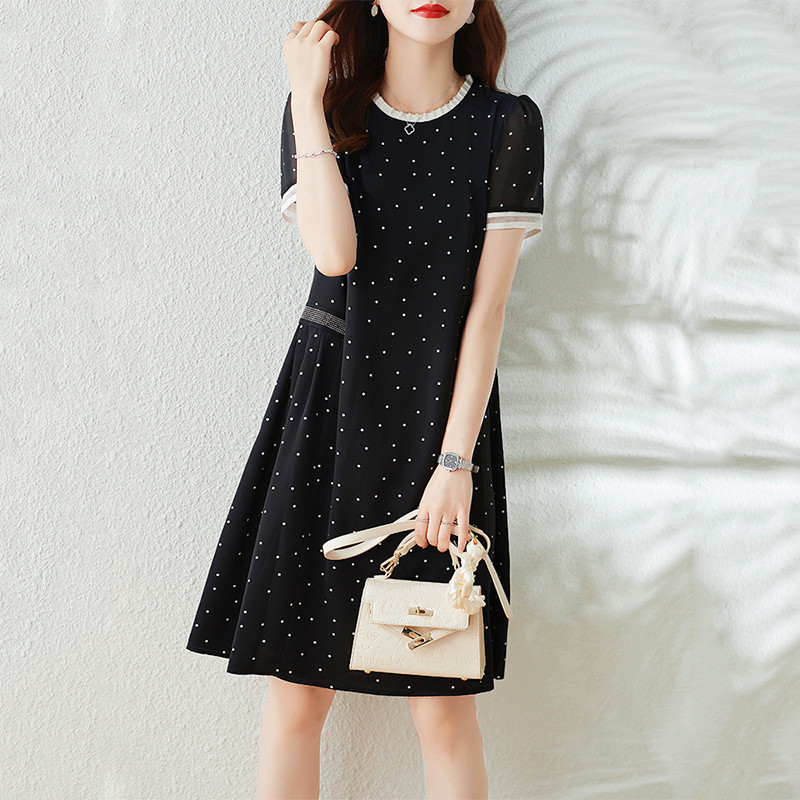 Fataway retro small polo dot Ocean dress female summer temperament loose display slim fit straight cylinder large size women's dress Herbenwind small black dress
