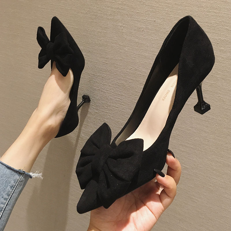 French-Style Suede High-Heeled Shoes for Women 2025 Spring New Korean Version Versatile Stiletto Pointed Toe Kitten Heel Bow Single Shoes for Women