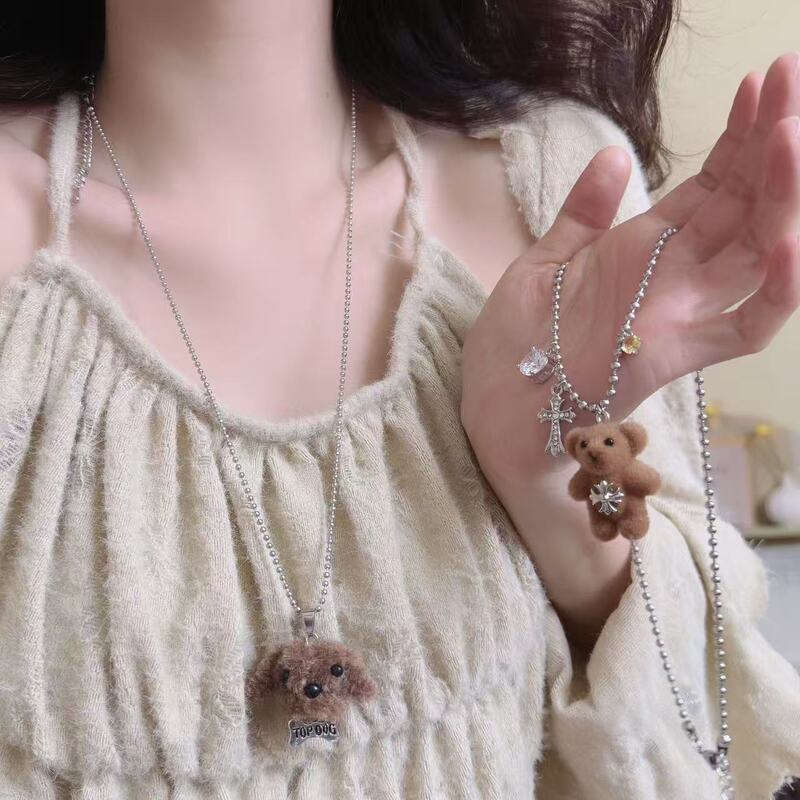 Brown Plush Teddy Bear Dog Pendant Necklace for Women, Niche Personality, Sweet and Cool, High-Value, Student Style Sweater Chain Brown Plush Teddy Bear Dog Pendant Necklace for Women, Niche Personality, Sweet and Cool, High-Value, Student Style Sweater Chain