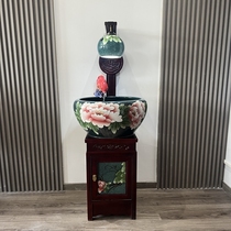 New Jingdezhen Ornamental Feng Shui Peony Fish Tank with Cabinet Ceramic Landscaping Living Room Office Lucky Household Water Spray