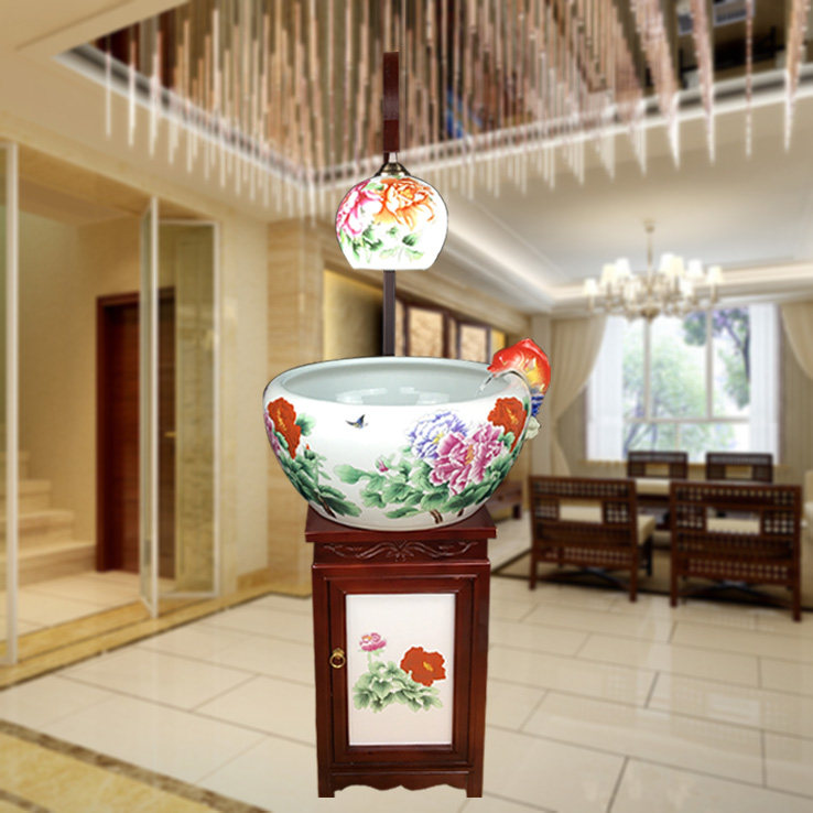 New Jingdezhen ground floor ornamental fish cylinder with lamp ceramic fish tank pendulum pieces modern hotel company fish tank with cabinet