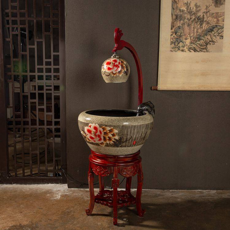 Jingdezhen Chinese ceramic fish tank filter fish basin circulating water filter goldfish cylinder living room household with lamp