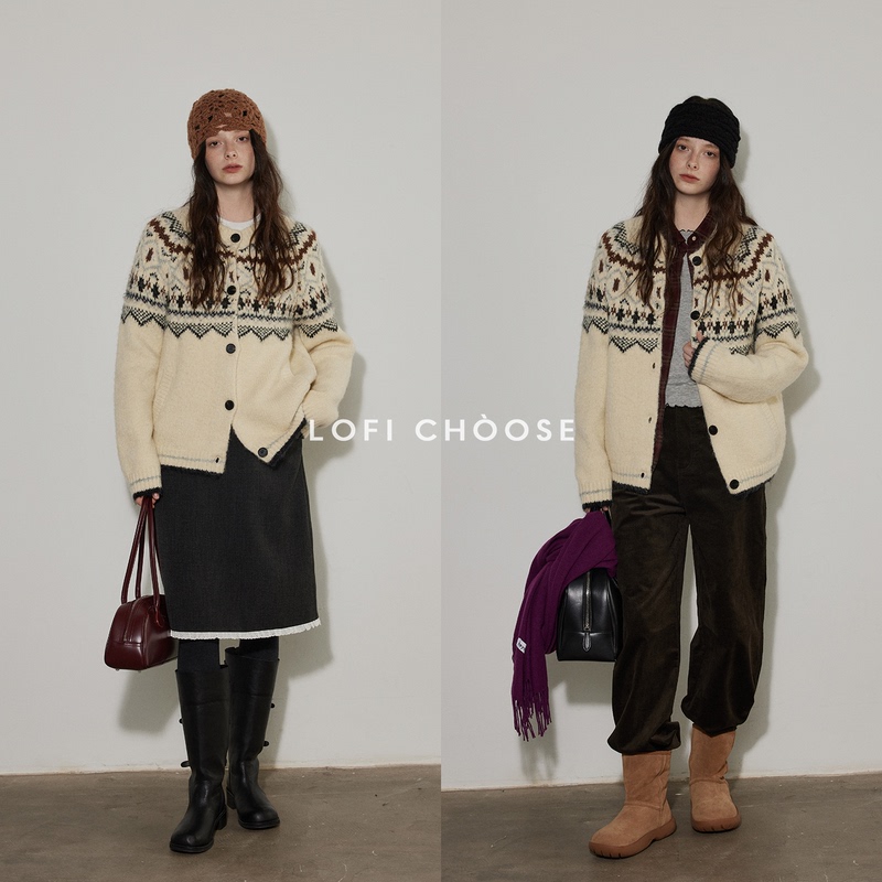 Lofi Choose Fair Isle Vintage Heavy Knit Cardigan for Women, New Winter Style, Casual Versatile Sweater Jacket