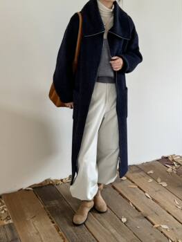 2025 new korean style double-sided cashmere coat for women mid-length navy collar zipper loose woolen coat for women
