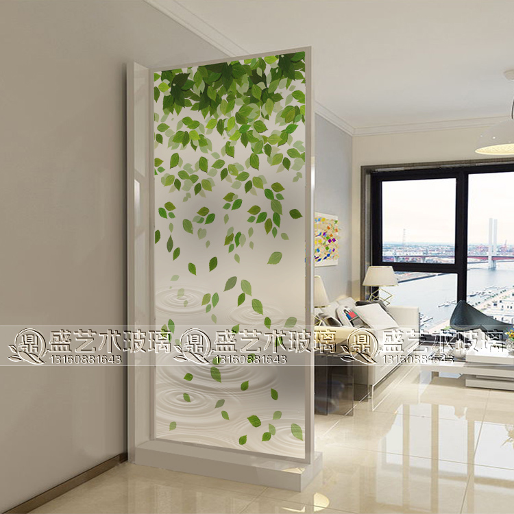 Minimalist style Art glass Painted Crafts Ceiling Ceiling Screen Partition Xuanguan Shoe cabinet Glass Green Leaf