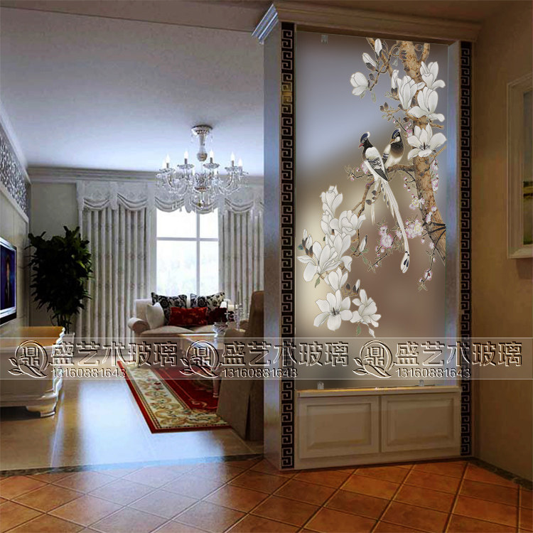 New Chinese-style art glass entry porch screen living room compartment background wall painted double-sided frosted craft magpie