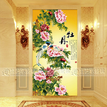 Chinese style art glass entry porch aisle TV background wall screen partition shoe cabinet glass peony flower