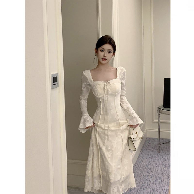 Plus Size Fat mm Zen New Chinoiserie Fleece-Lined Thickeneded Waist White Lace Dress Women's Autumn and Winter Elegant Long Skirt