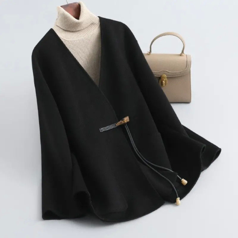 Double-Sided Wool Coat, New Chinese Style, Fashionable Toggle Button, Wool Double-Sided Fleece, Trendy and Stylish Outerwear, Elegant Women's Woolen Coat