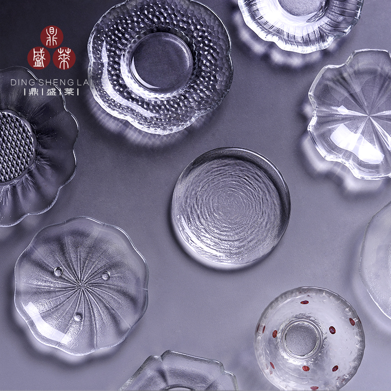 Dingshenglai thickened heat-resistant glass cup holder coaster small tray handmade wild transparent tea holder Kung Fu tea set cup and saucer