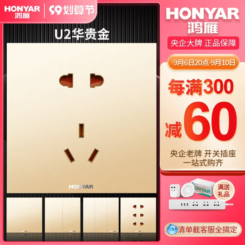Hongyan with switch socket 86 type concealed wall air conditioner 5-hole five-hole socket panel porous household gold U2