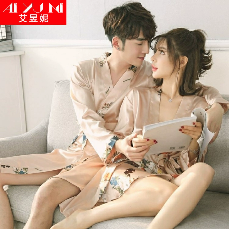 Cặp đôi đồ ngủ mùa hè váy ngủ Hàn Quốc sexy phù hợp với mùa hè lụa dễ thương váy ngủ nam và nữ cặp vợ chồng dịch vụ tại nhà - Night Robe