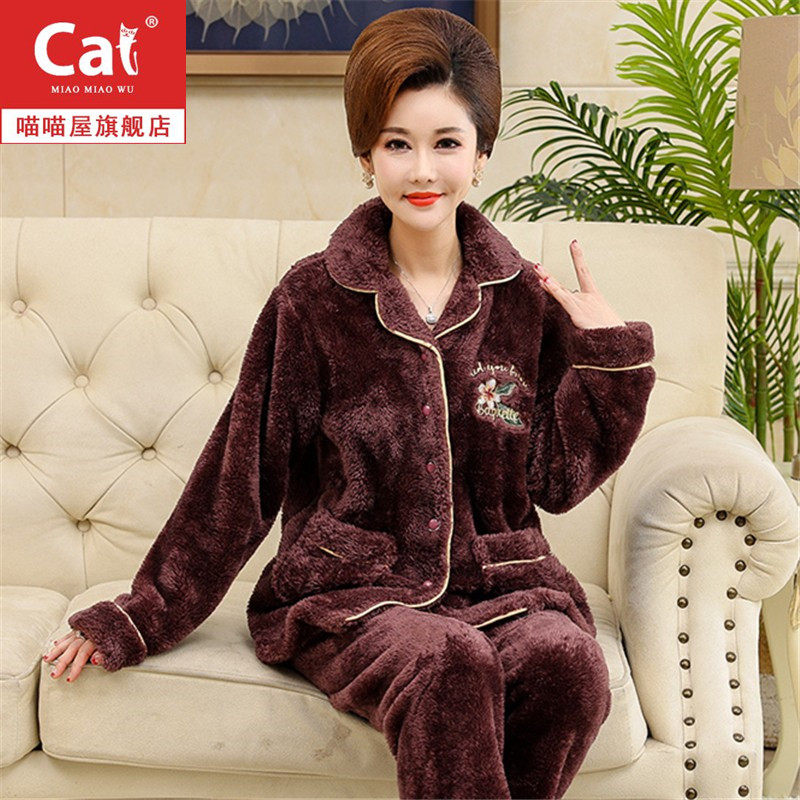 Middle Aged Mother Coral Suede Pyjamas Woman Autumn Winter Thickened Garnter Wool Flannel Winter Warm Home Clothing